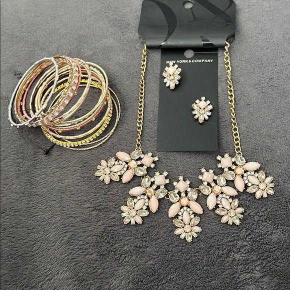 New York & Company Jewelry - New York & Company Gold and Pink Necklace, Earrings & Bracelet Set
